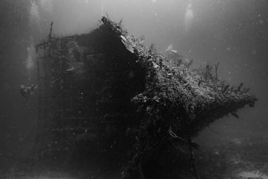 Black and white shot of the Wreck on its side
