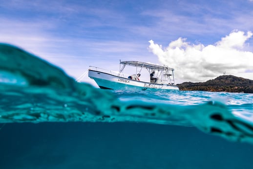 Split shot of the boat and underwater