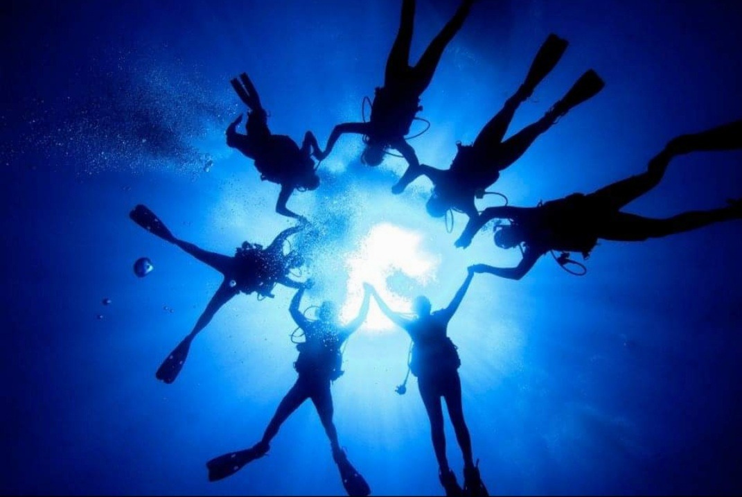 Divers silhouetted in a circle underwater